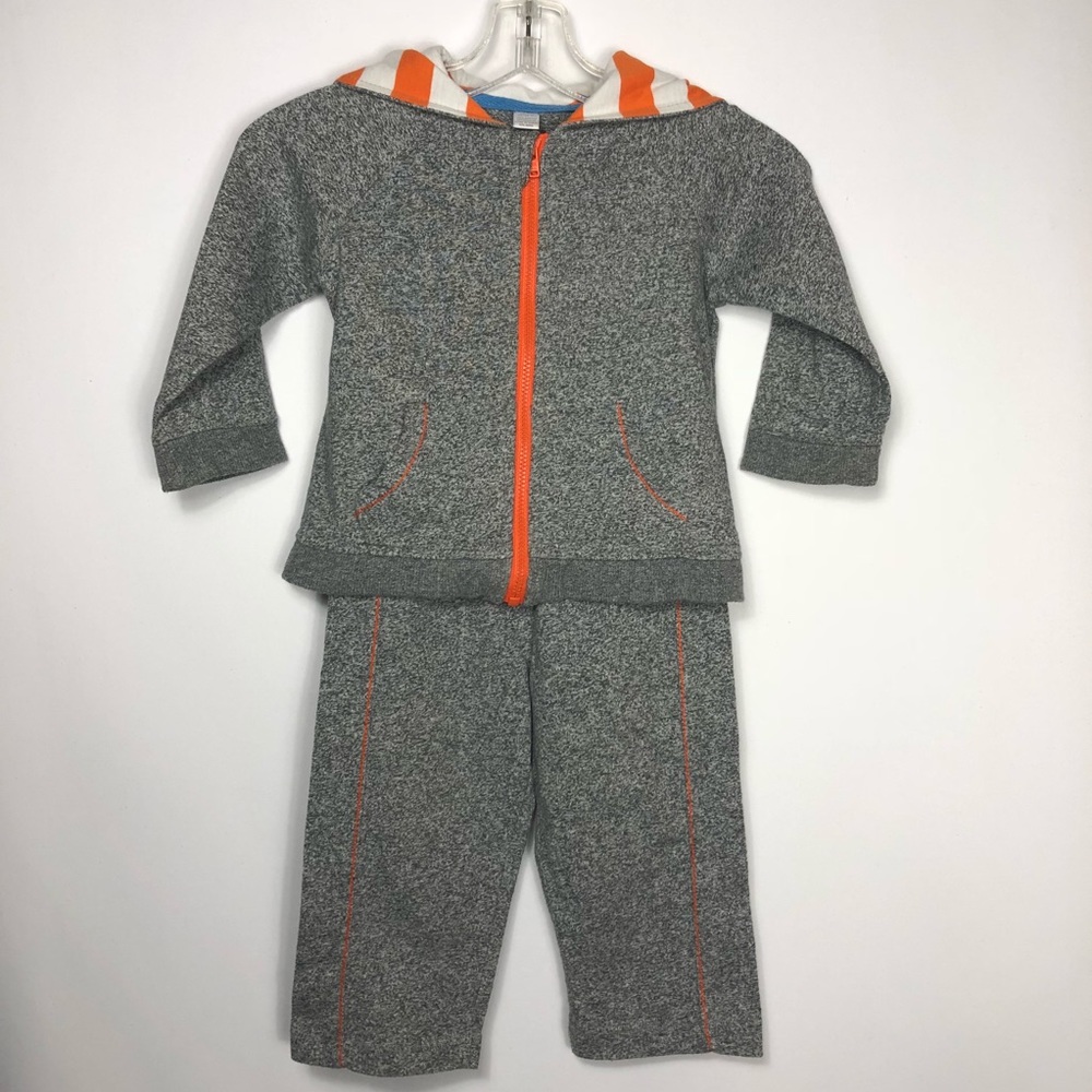 Boys gray and orange zip up hoodie and pant set